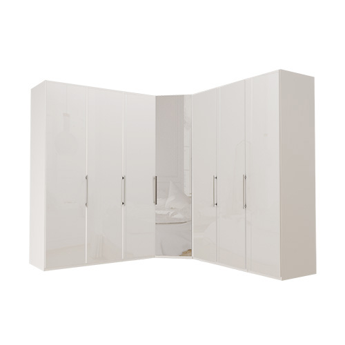 Garderob Atlanta - Vit 216 cm, Vitt glas, 150 + hörn + 150